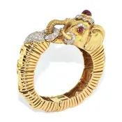 18K Yellow Gold Ruby and Diamond Elephant Bangle by David Webb, Serial FL38070
