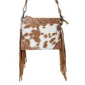 Bourbon Trail Handtooled Bag for Women in brown with hairon and fringe detail