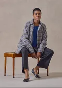brushed cotton wide a-line shirt jacket with collar - long (grey/camel)