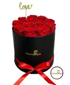 12 PRESERVED RED ROSES IN A ROUND BOX