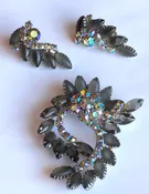 1950’s 3-Pc Smokey Glass Marquis Stone and Aurora Borealis Unsigned Juliana Style Cocktail Brooch and Clip Earring Set