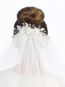 24" Veil on comb - Organza flowers and rhinestones, pearls and crystals
