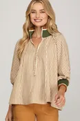 3/4 Sleeve Half Zip Striped Top
