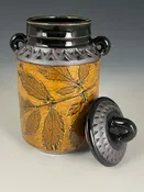 Dark Amber Lidded Jar with Astilbe — Suzanne Crane Fine Stoneware