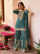 Aqua Blue Embroidered Chinon Kurta Sharara Dupatta