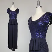 1940s Gown / Purple Sequined Dress / Black Crepe Gown with Purple Sequins / 1940s Evening Dress / Dress with Peplum / Size Small