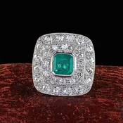 Antique Art Deco 14K Rose Gold Platinum Colombian Emerald Diamond Ring - GIA