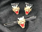 Vintage 950 Silver and painted resin Hannya Mask Noh Demon cufflinks and tie bar