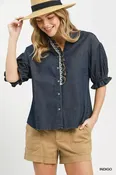 Chambray Scalloped Trim Button Front Blouse
