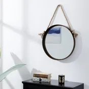 18in Dark Brown Iron Framed Round Accent Mirror with Hanging Rope