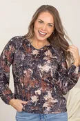 Abstract Print Bubble Sleeve Top With Notch Neck