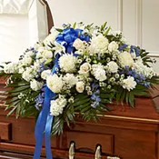 Blue & White Casket Sympathy Arrangement with Roses