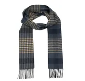 100% Irish Lambswool Long Scarf - Denim, Navy & Beige Block Check
