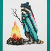 A2 Size Raccoon At Campfire Greeting Card - Blank Inside