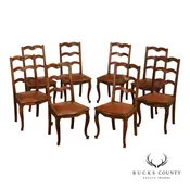 French Country Antique Set Of Eight Walnut And Leather Ladder Back Dining Chairs