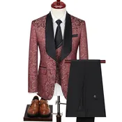 British-Style Slim Fit Jacquard Three-Piece Suit Set