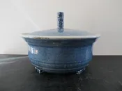 Art Pottery Ted Halpern Midcentury Modern Covered Dish 1960s 1970s Blue Lava Glaze Triple Signed