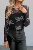 Bow Print Long Sleeve Mesh Top
