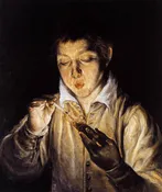 A Boy Blowing on an Ember to Light a Candle (Soplón) by El Greco, 1570-72