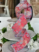 2.5" wide, metallic floral jacquard, red dusty blue gold -SOLD BY THE YARD