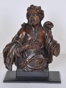 Antique French Hand Carved Wooden Bust of Christ Mounted on Custom Iron Stand, 18th Century
