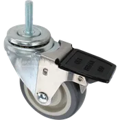 3-1/2" x 1-1/4" Grey Polyurethane Wheel Swivel Caster w/ Face Contact Brake, 10mm-1.5 x 1-1/2" Threaded Stem - 300 lbs Capacity