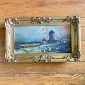 Antique Gold Framed Oil on Canvas "Windmill" — Summer Porch Vintage Living Sacramento