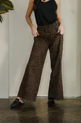 Perla Drawstring Wide Leg Leopard Print Denim Pants Brown
