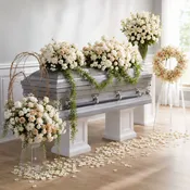Monochromatic Casket Spray, Easel Wreath, Dual Vase