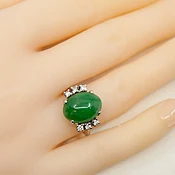 1940s 14K GIA Certified Oval Cabochon Natural Jadeite Jade Diamond Ring — New Pagoda Specialty
