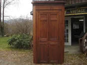 18th century corner cupboard circa 1750 – 1799 southern origin wood is pine back has rosehead nails hand forged hardware 2 solid raised panel doors over 2 solid raised panel doors 7 foot 6 inches tall 48 inches wide