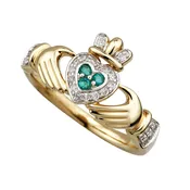 14K Gold Diamond & Emerald Claddagh Ring