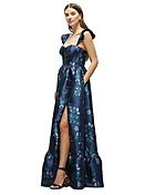 Baroque Rose Damask Floral Corset Maxi Dress with Ruffle Straps & Skirt