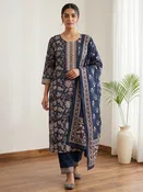 Blue Embroidery Cotton Blend Kurta With Pant & Dupatta