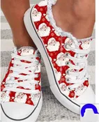 Red Buffalo Plaid Santa Claus Print Flat Canvas Shoes