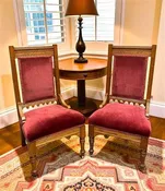 Pair of Vintage Eastlake Side Chairs, Carved Oak Wood with Red Velvet Upholstery