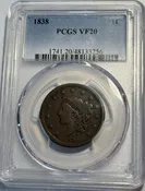 1838 CORONET HEAD LARGE CENT PCGS VF-20