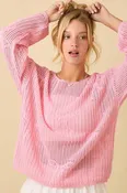 Boat Neck Crochet Knit Top With Ribbon Bow