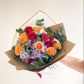 Blue Hydrangeas and 12 Roses in a Wrapped Bouquet