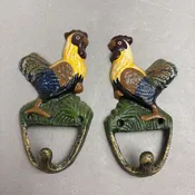 2 Vintage Cast Iron Rooster Hooks (6")