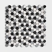 Black, Snow White, Allure Honed Penny Round Marble Mosaics 11 1/4x11 3/4