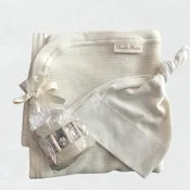 Organic Baby Shower Gift Set with Baby Blanket, Hat, and Wooden Rattle