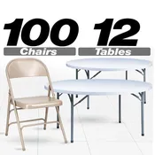 100 Beige Metal Folding Chairs + 12 Plastic Round Table Kit
