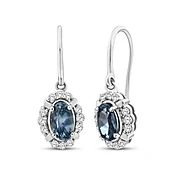 American Blue Sapphire & Diamond Halo Dangle Earrings 1/10 ct tw Sterling Silver