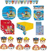 Paw Patrol Birthday Party Supplies Bundle Pack includes Lunch Plates, Napkins, Table Cover, Party Banner, Party Masks, Dinosaur Stickers - Serves 16