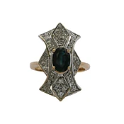 14kt White and Yellow Gold Statement Dinner Ring With Center Sapphire and Diamonds Size 6