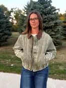 Ash Olive Corduroy Bomber Jacket with Woven Collar Detail