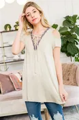 M7561-COLD SHOULDER LACE UP TOP WITH JACQUARD TAPE TRIM 2-2-0