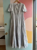 100% European Linen Tiered Maxi Dress in Limited Ed. Pinstripe (Online $89)