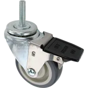 3-1/2" x 1-1/4" Grey Polyurethane Wheel Swivel Caster w/ Face Contact Brake, 12mm-1.75 x 1-3/4" Threaded Stem - 300 lbs Capacity